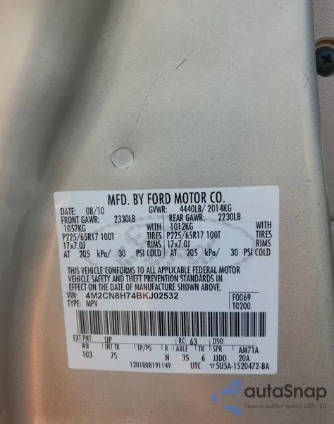 2011 Mercury Mariner Premier z USA, uszkodzony, nr VIN 4M2CN8H74BKJ02532